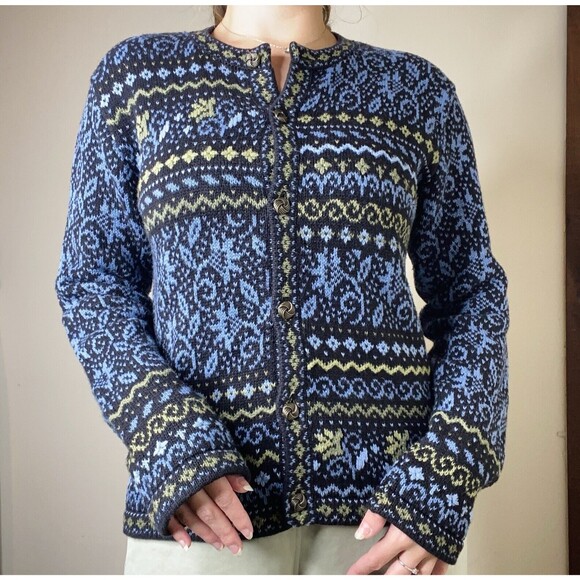Nomadic Traders Blue & Green Cotton Knit Sweater Cardigan Size Medium - Picture 1 of 11